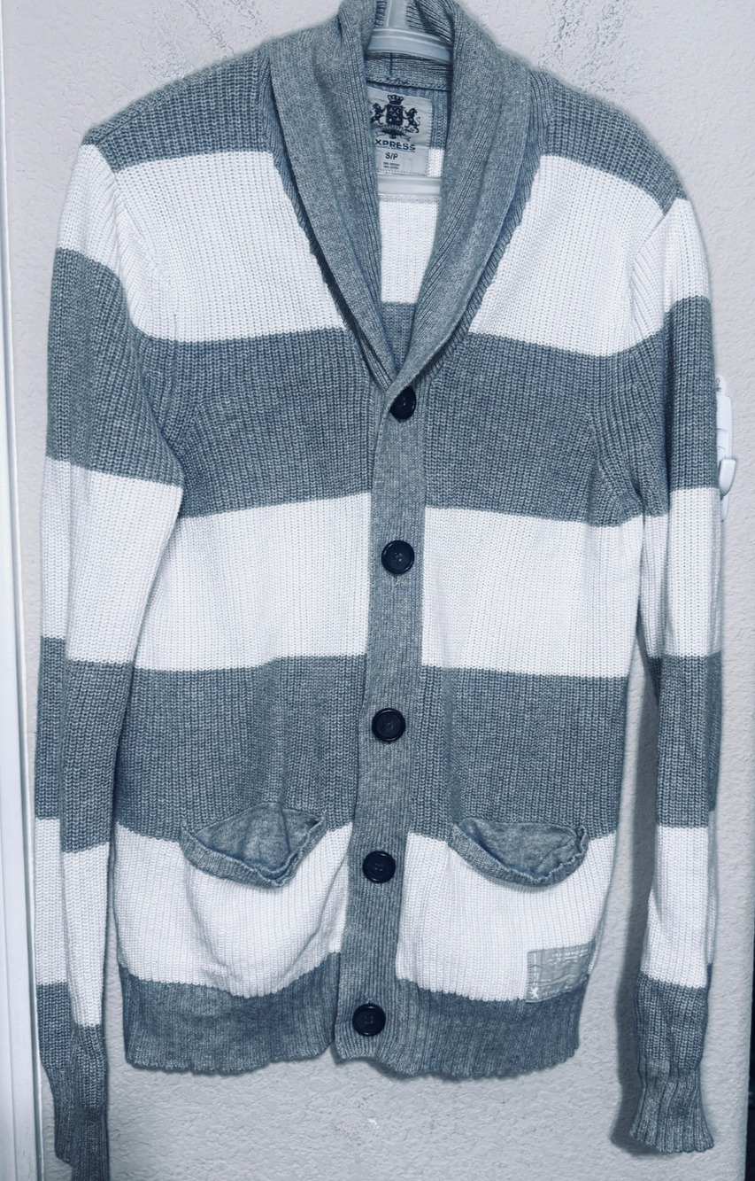 Express Sweater Mens S Shawl Collar Cardigan Button Up Cotton grey white stripes